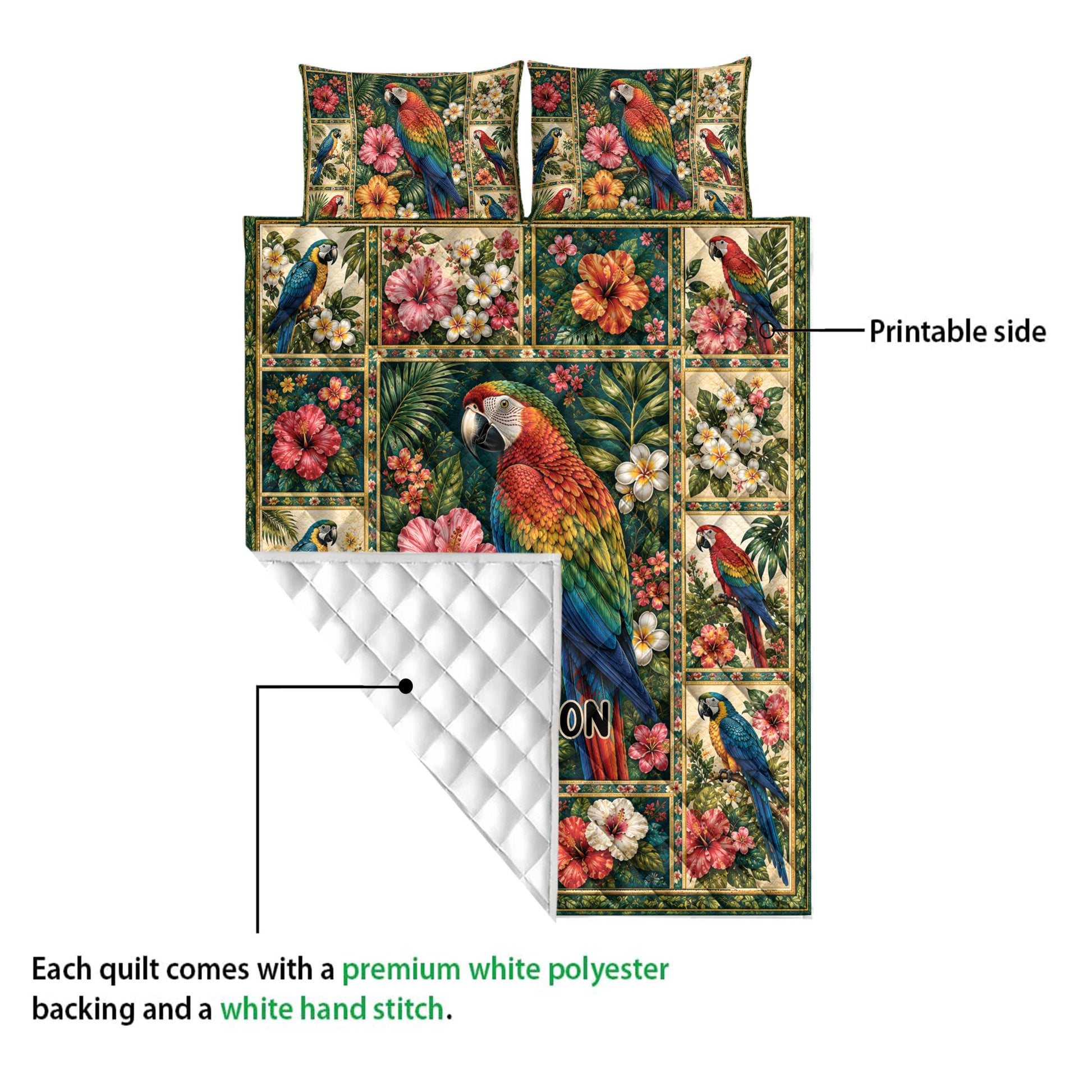 Parrot quilt showing the vibrant printed side and white quilted backing construction