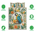 Parrot quilt bedding set shown with colorful tropical artwork and product feature icons