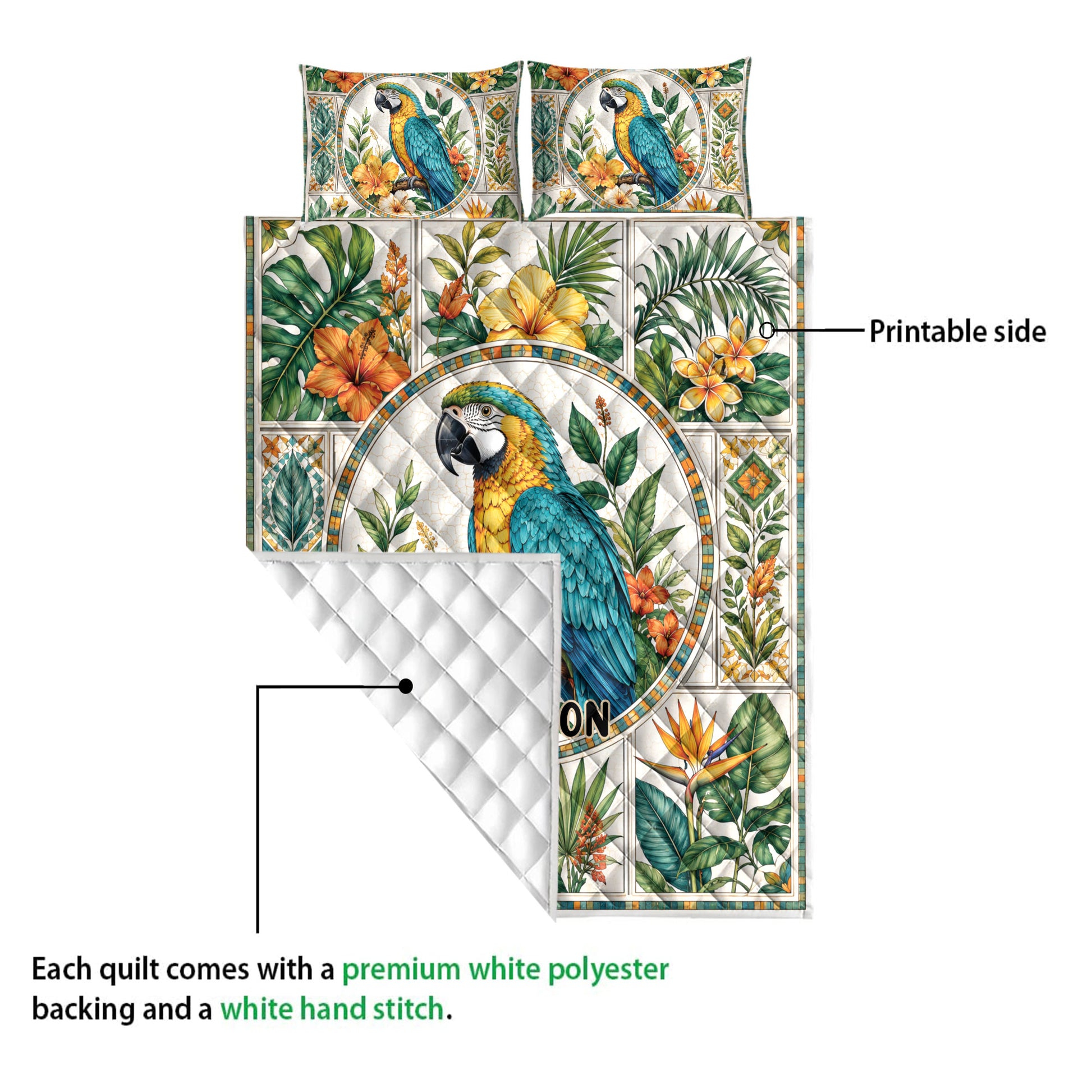 Tropical parrot quilt showing the printed front and white stitched reverse layer