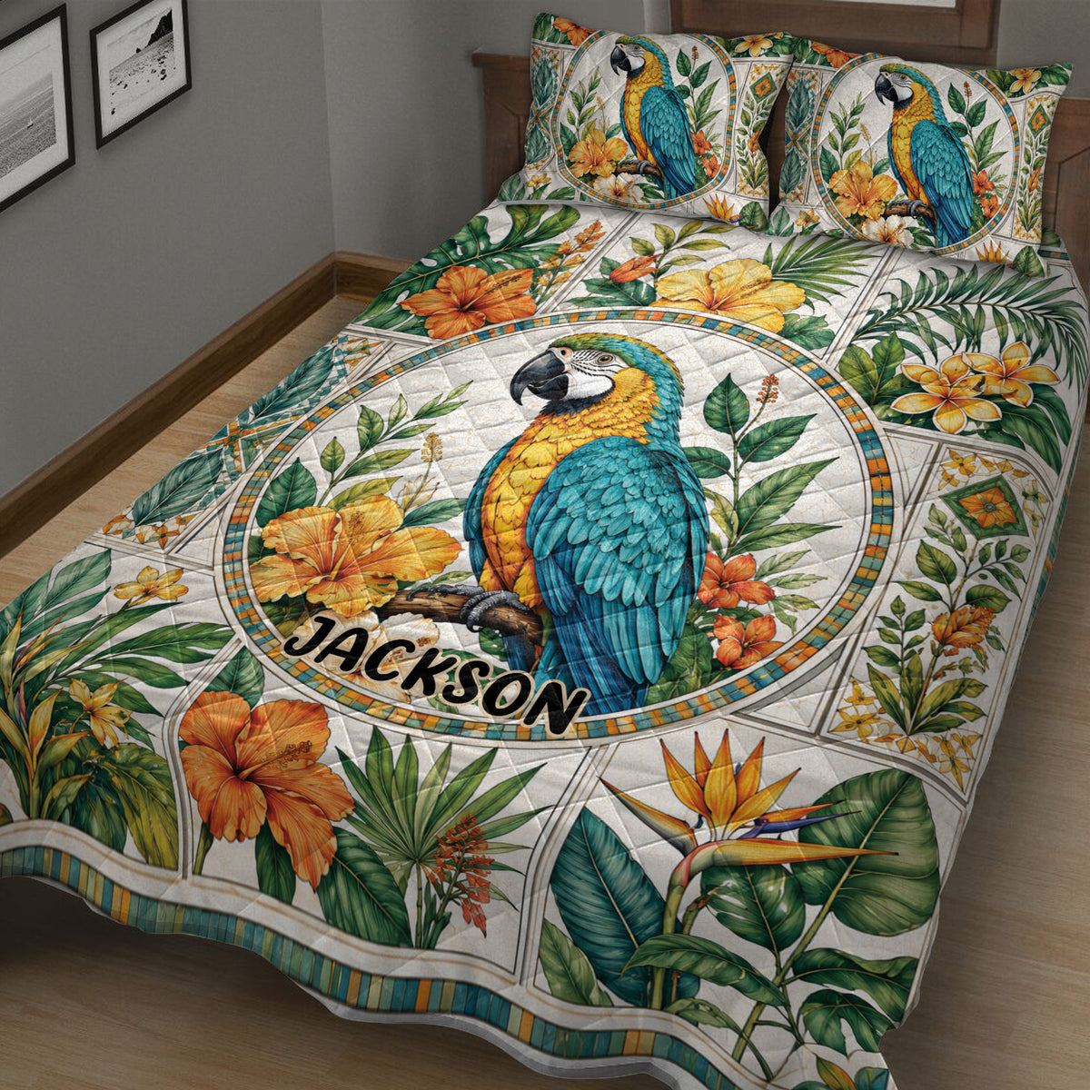 Close bedroom view of a parrot quilt blanket with lush leaves and vibrant tropical flowers