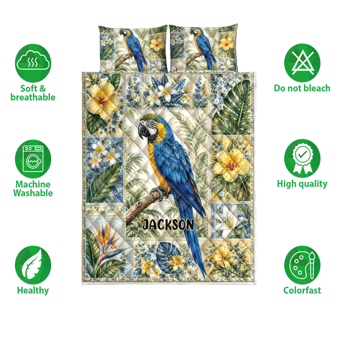 Parrot quilt bedding shown with blue macaw artwork, tropical flowers, and product feature icons