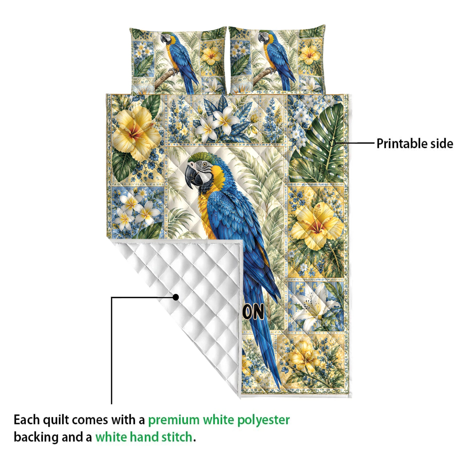 Parrot quilt blanket shown with a printed tropical front and white quilted reverse