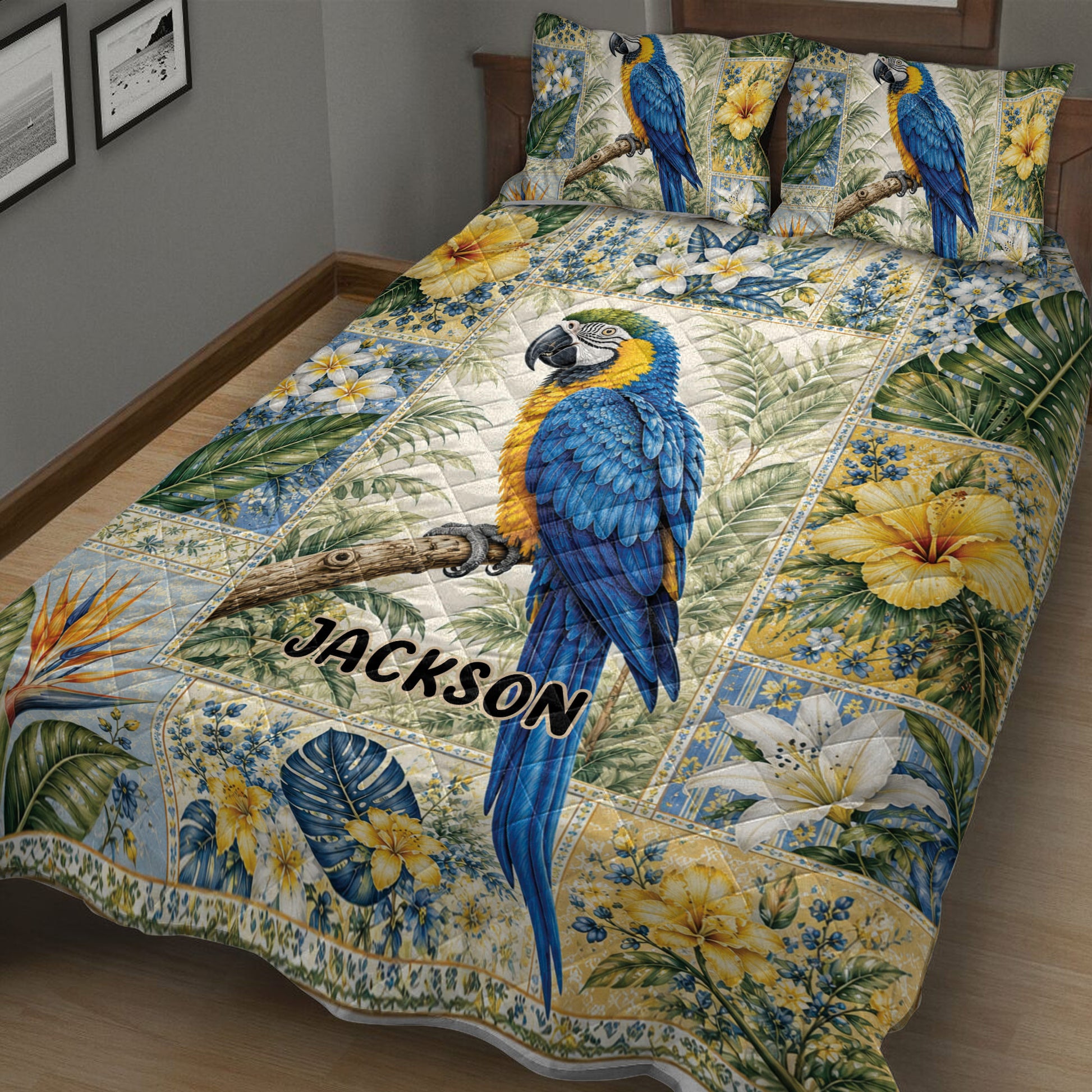 Tropical parrot quilt blanket displayed on a bed with blue macaw and vibrant botanical artwork
