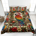 Christmas parrot quilt blanket displayed on a bed with colorful macaws, evergreen branches, ornaments, and poinsettias