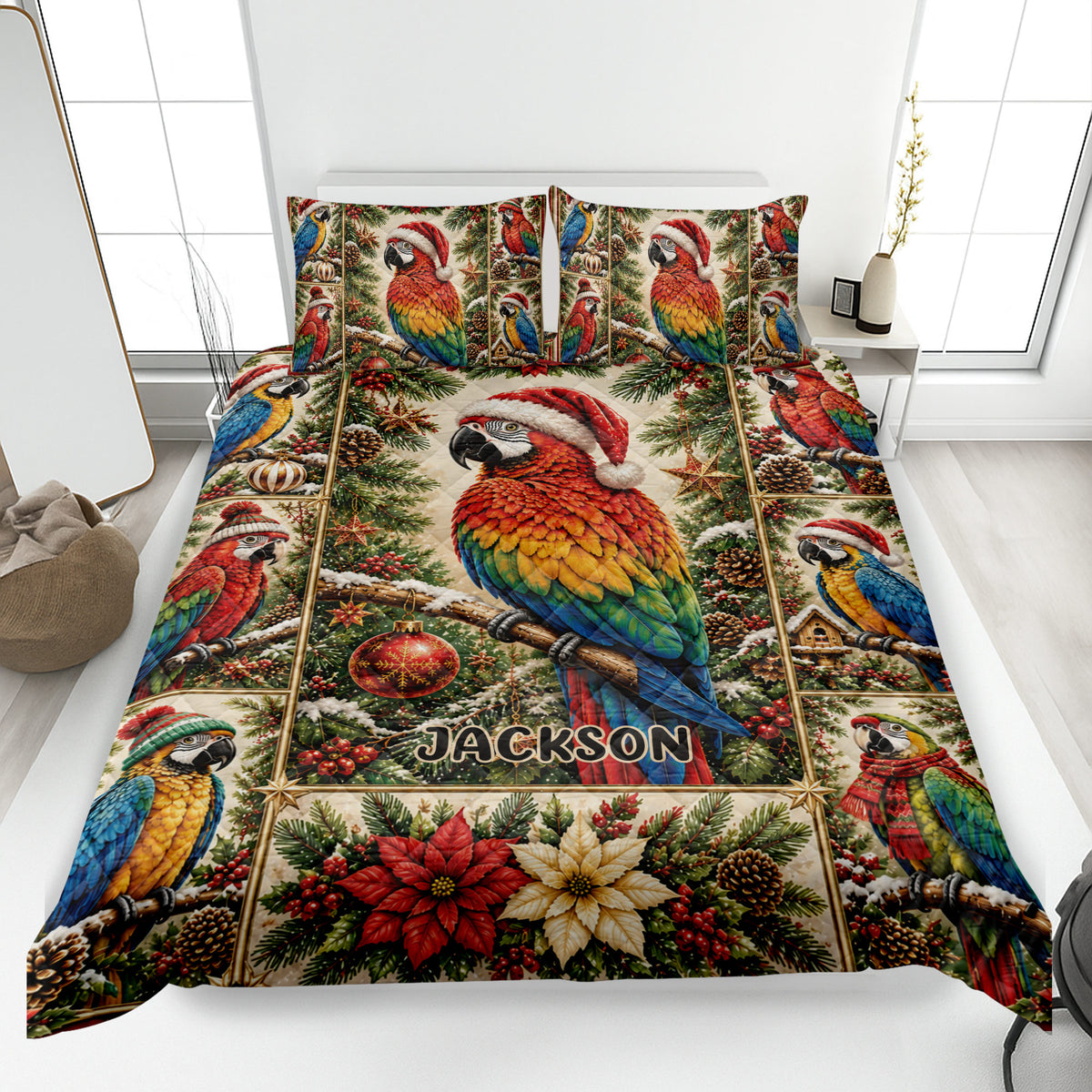 Christmas parrot quilt blanket displayed on a bed with colorful macaws, evergreen branches, ornaments, and poinsettias