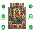 Christmas parrot quilt blanket shown with colorful macaw artwork and soft, breathable, washable feature icons