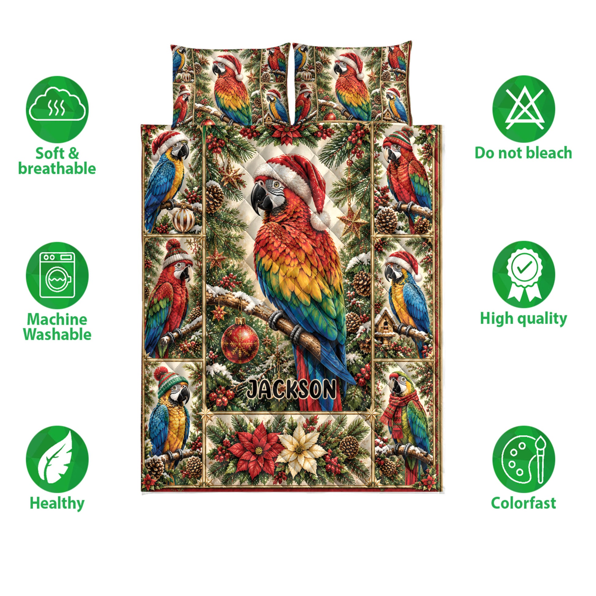Christmas parrot quilt blanket shown with colorful macaw artwork and soft, breathable, washable feature icons