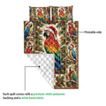 Parrot quilt blanket close-up showing the colorful printed macaw side and white diamond-stitched backing