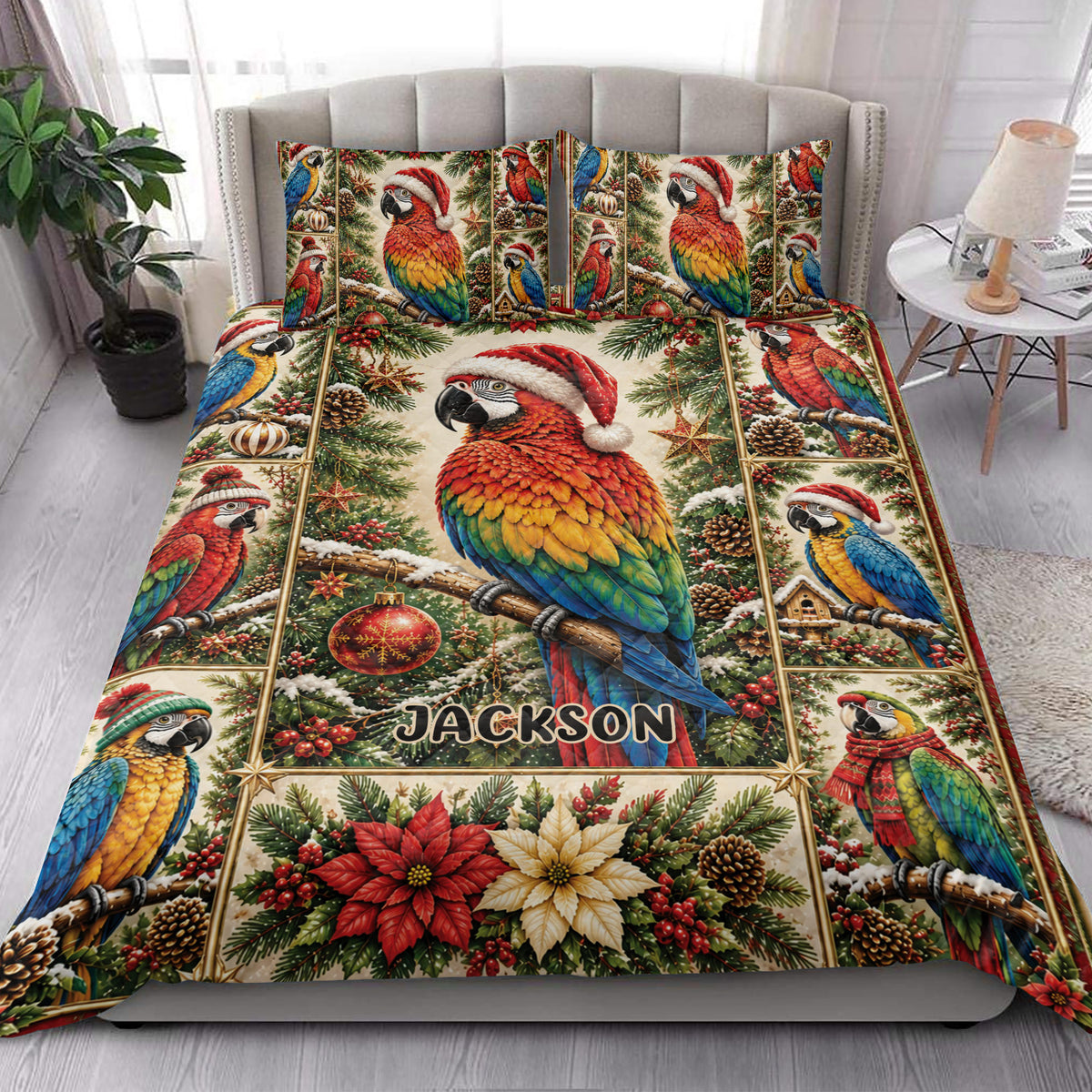 Christmas parrot quilt blanket styled on a bedroom bed with colorful macaws, pine branches, ornaments, and poinsettias