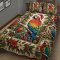 Colorful Christmas parrot quilt blanket displayed on a bed with macaws, holly, pinecones, ornaments, and poinsettias