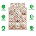 Maltese dog quilt bedding set shown with soft breathable, washable, and colorfast feature icons