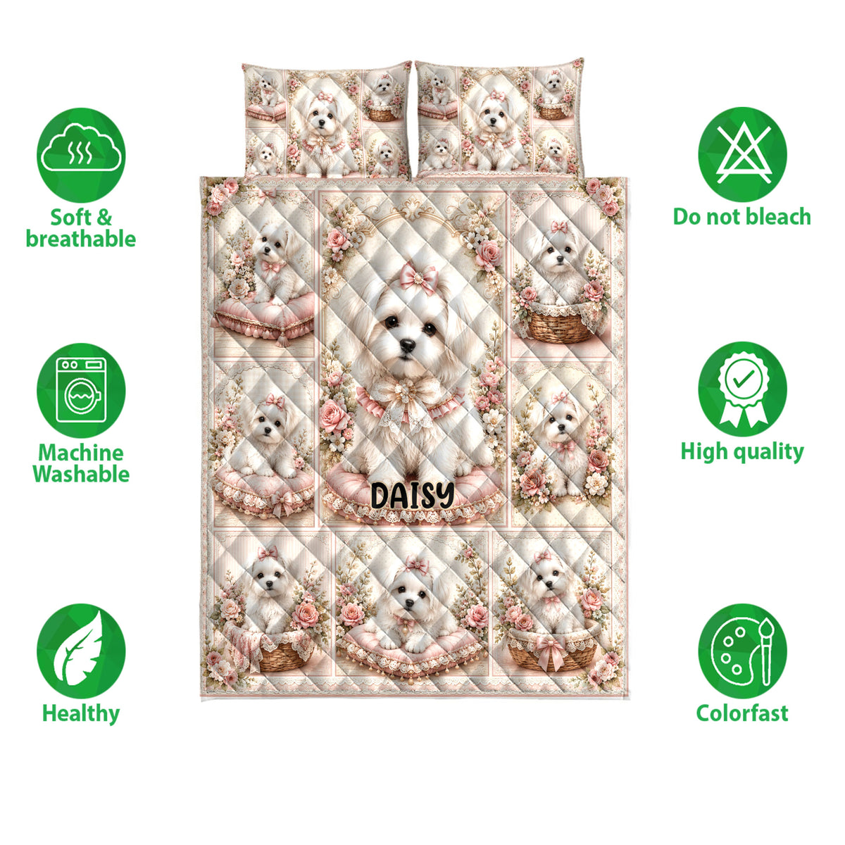 Maltese dog quilt bedding set shown with soft breathable, washable, and colorfast feature icons