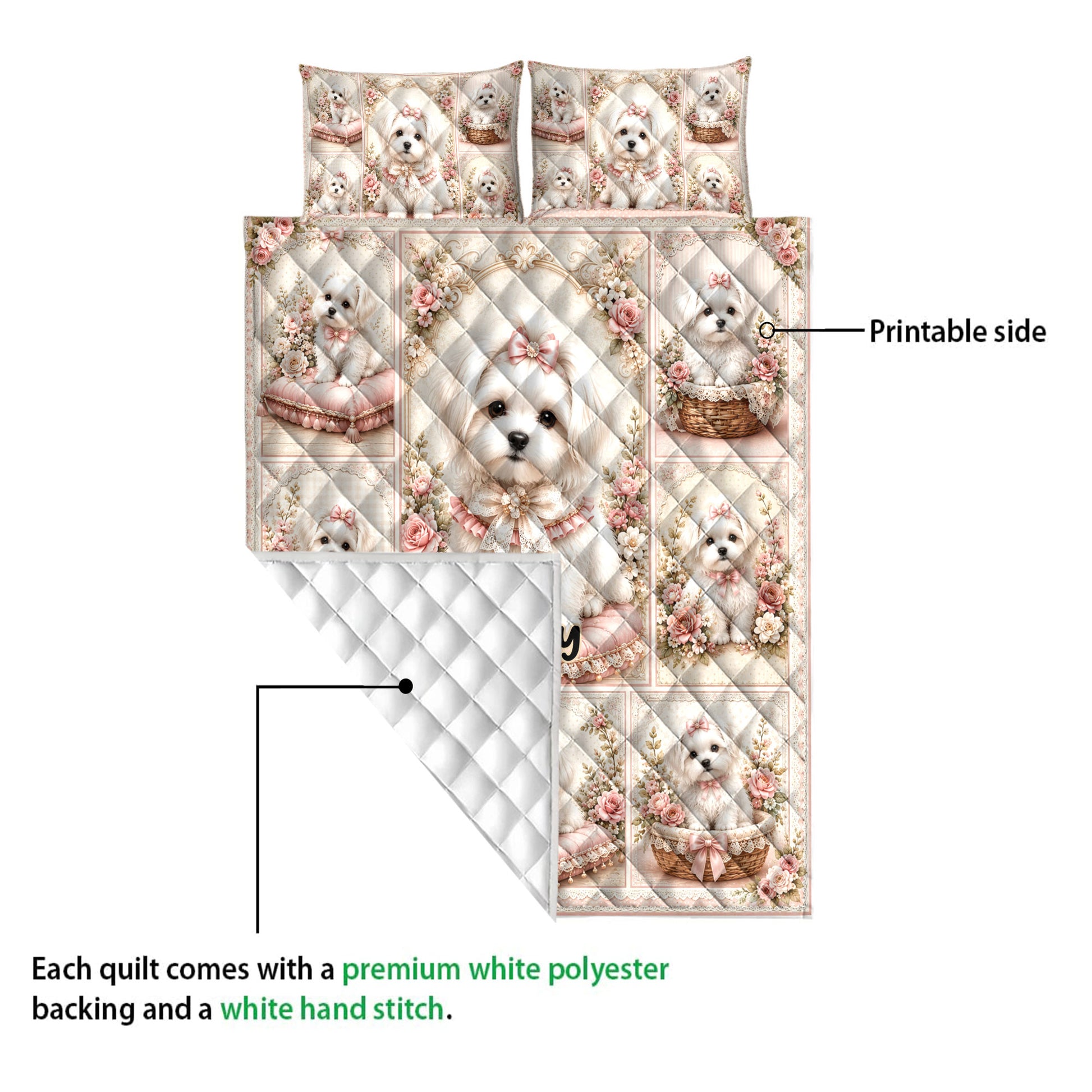 Maltese dog quilt showing the printed floral front and white diamond-quilted reverse
