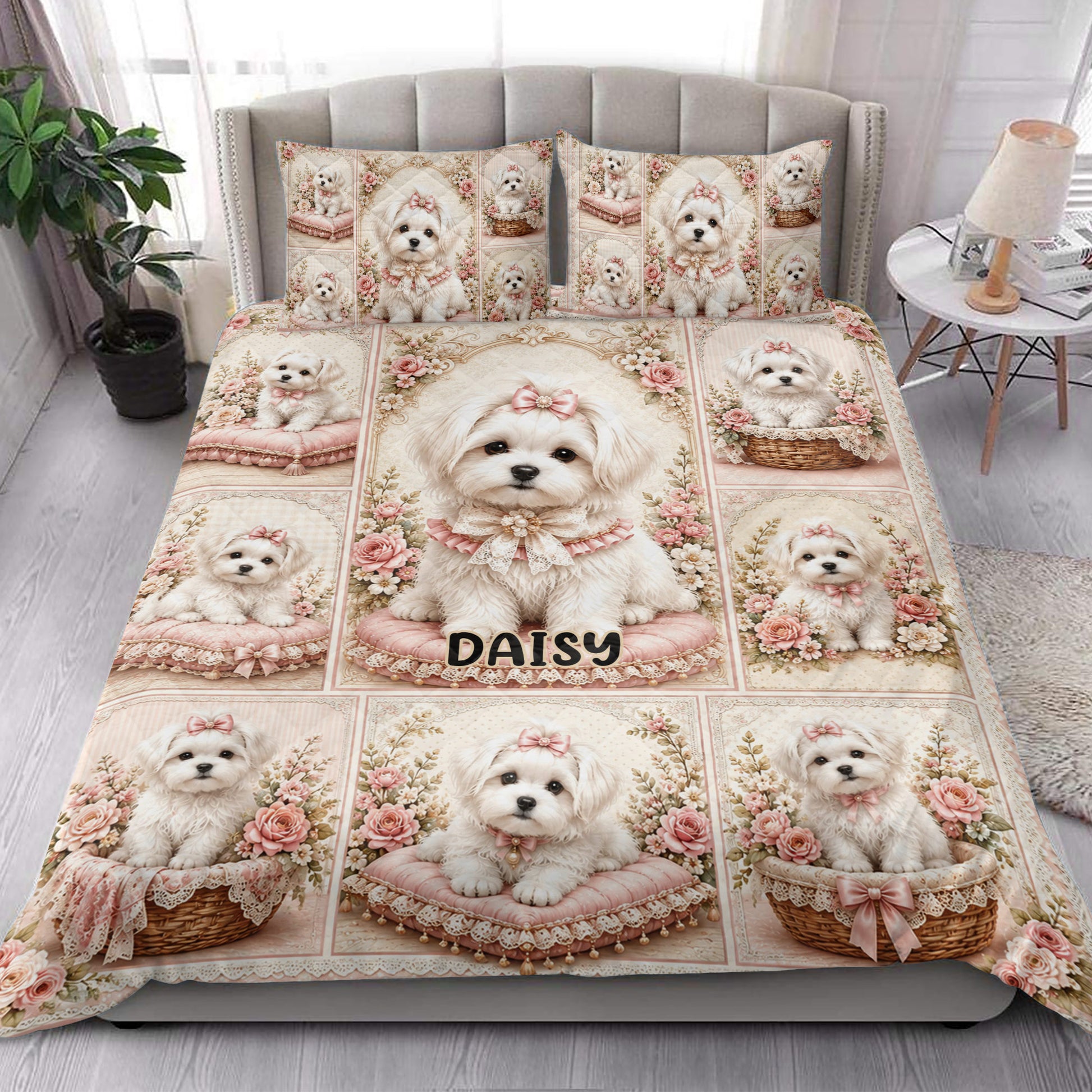 Maltese dog quilt blanket styled on a bed with matching floral dog artwork in a bright bedroom