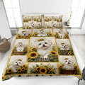 Maltese dog quilt blanket displayed on a bed with sunflower panels and a personalized center design