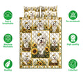 Maltese dog quilt bedding set with sunflower artwork shown alongside care and quality feature icons