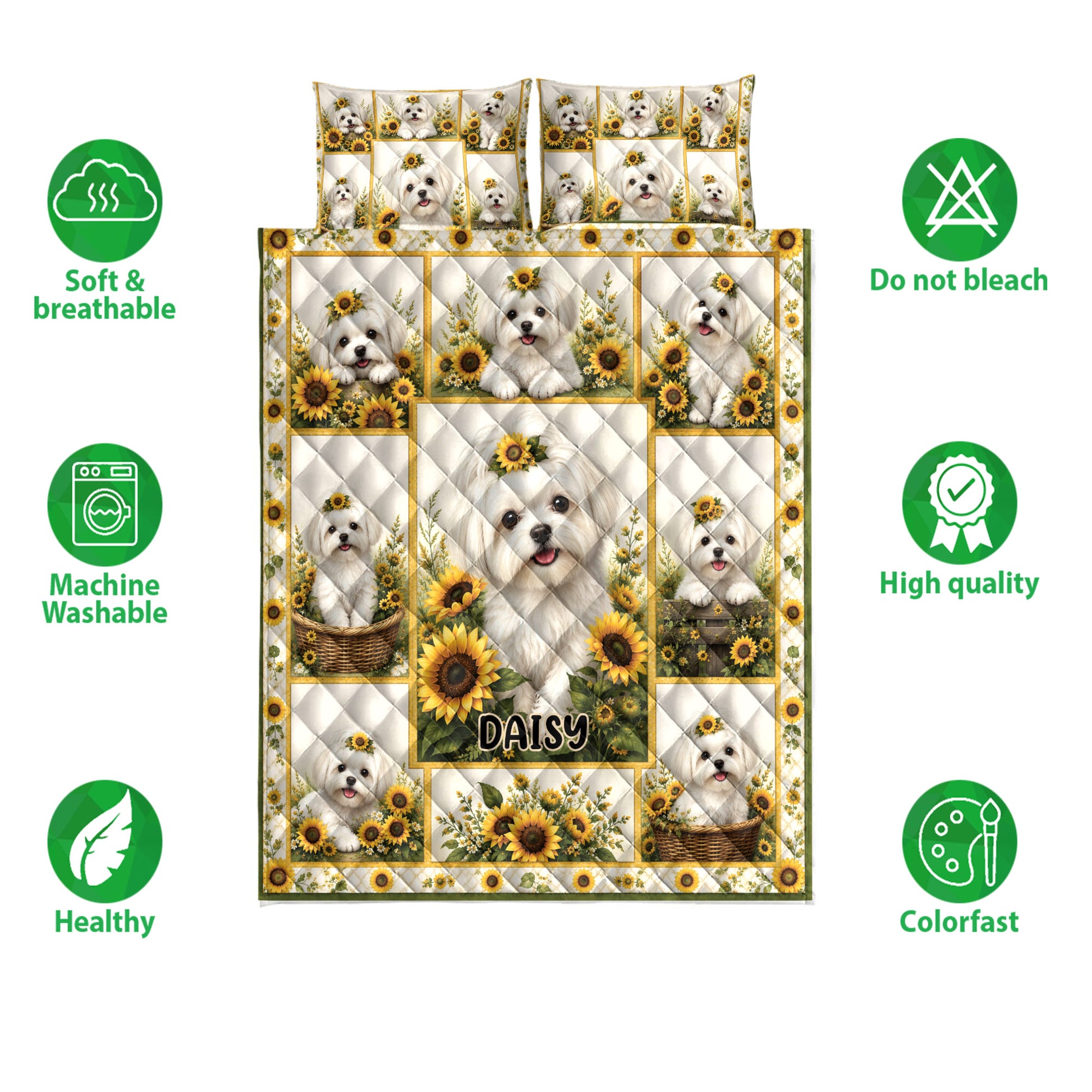 Maltese dog quilt bedding set with sunflower artwork shown alongside care and quality feature icons