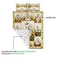 Maltese dog quilt blanket showing the printed front and white quilted reverse with sunflower artwork