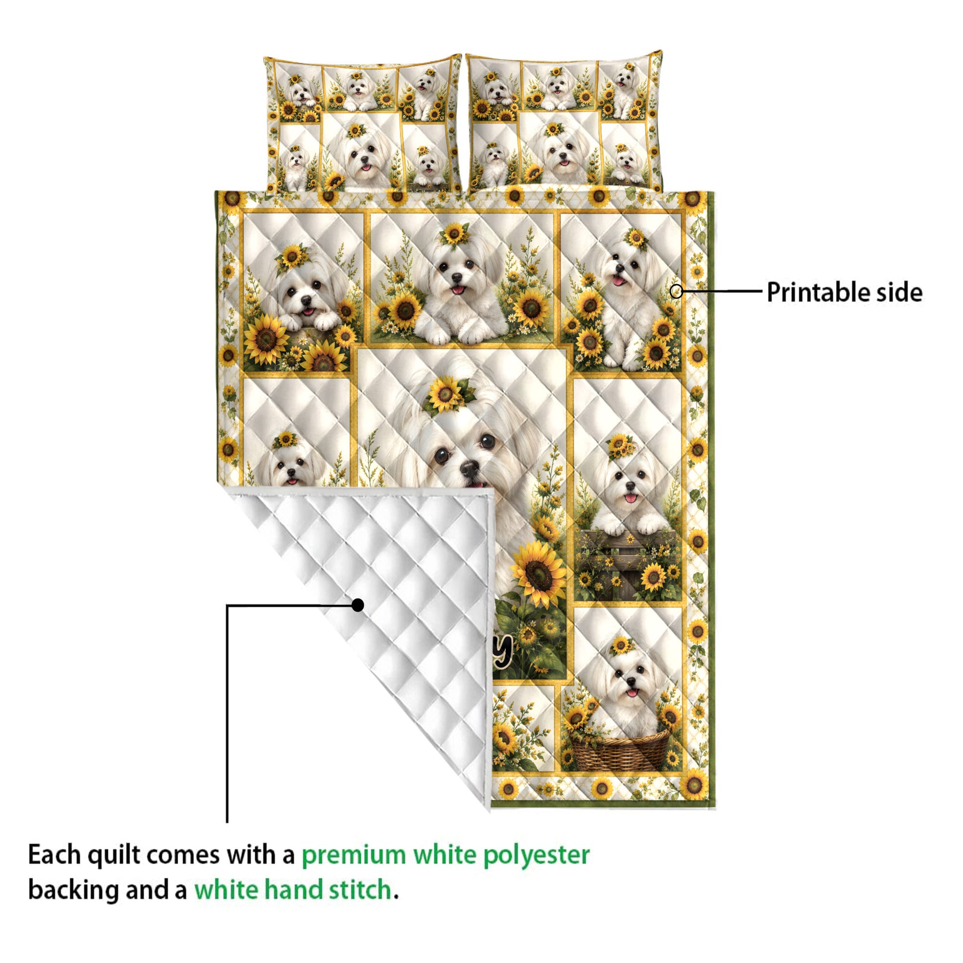 Maltese dog quilt blanket showing the printed front and white quilted reverse with sunflower artwork