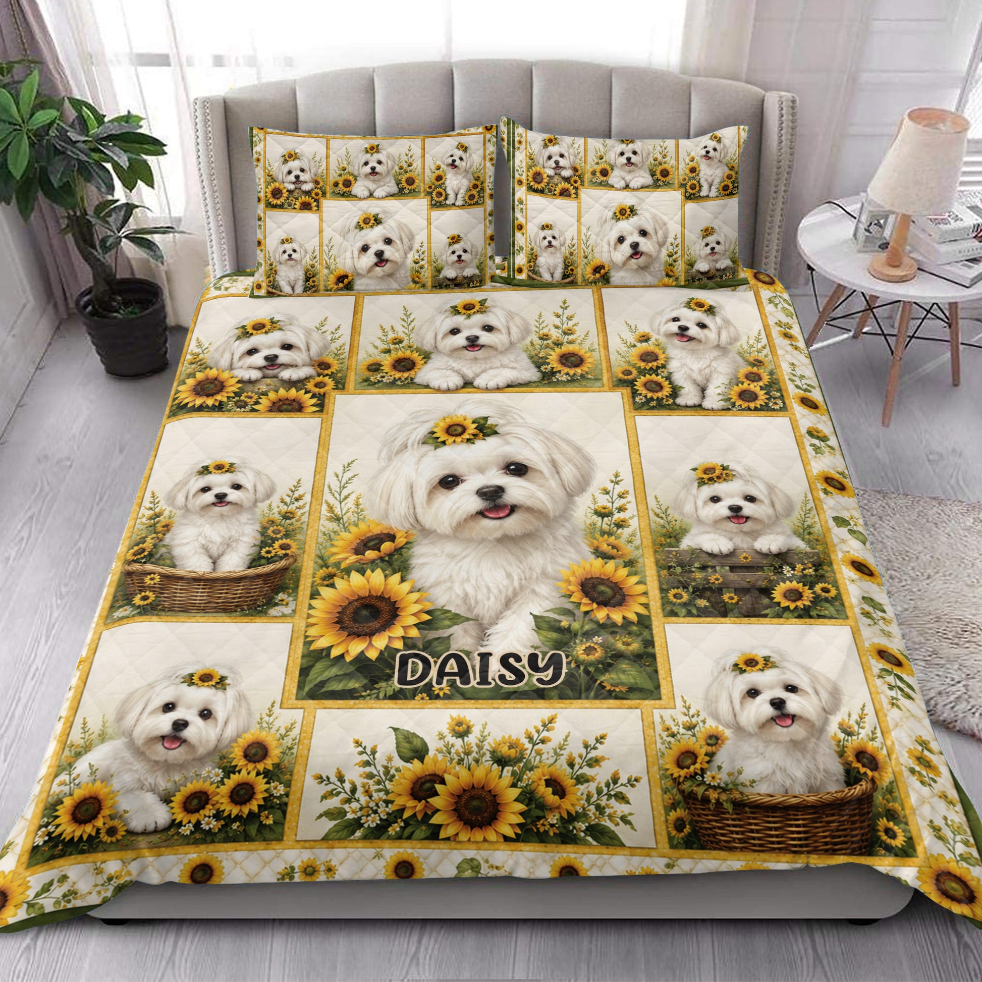 Maltese dog sunflower quilt blanket styled on a modern bedroom bed with coordinating pillow designs