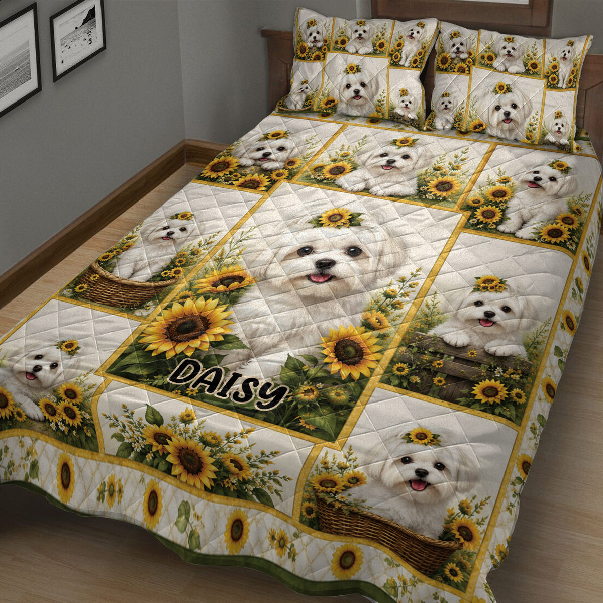 Close bedroom view of Maltese dog quilt bedding with sunflower panels and a personalized center motif