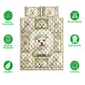 Maltese dog quilt bedding set shown with daisy borders and soft breathable design icons