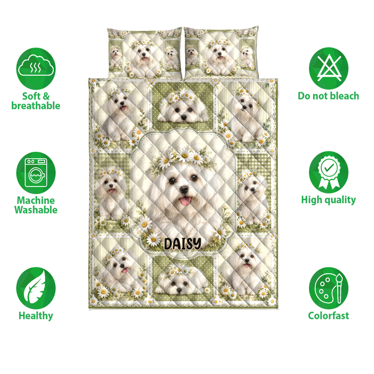 Maltese dog quilt bedding set shown with daisy borders and soft breathable design icons