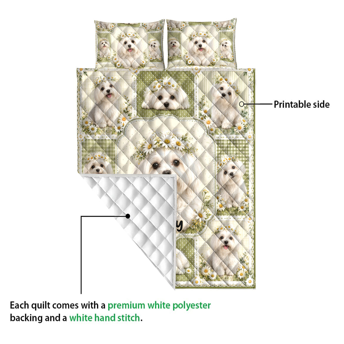 Maltese dog quilt showing its printed front and white diamond-stitched backing