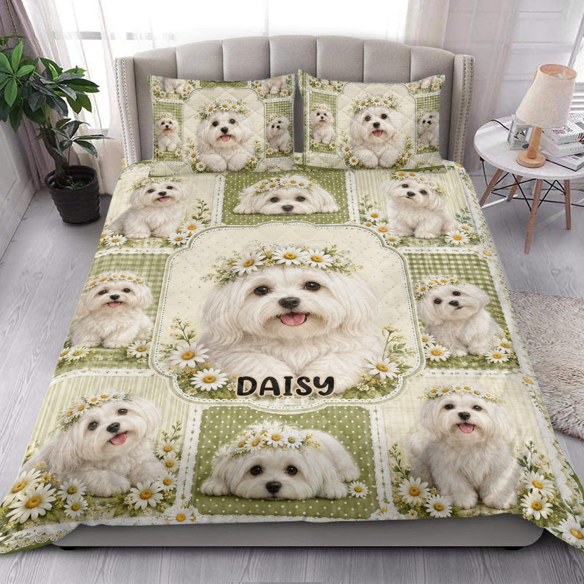 Maltese dog quilt blanket styled in a bright bedroom with floral dog artwork
