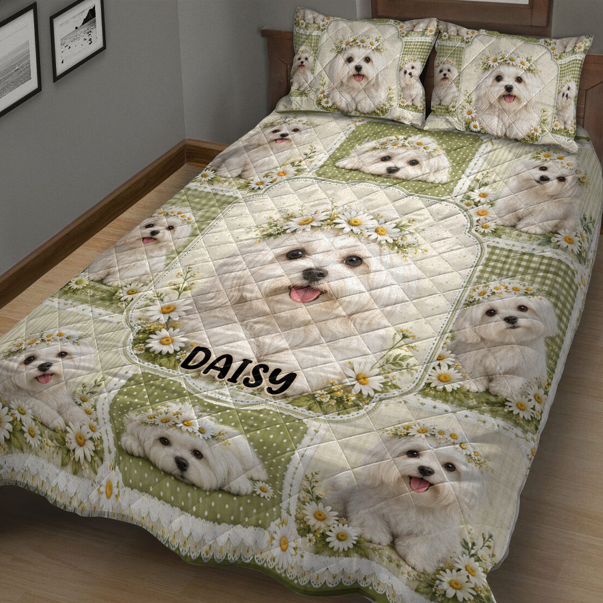 Maltese dog quilt bedding displayed in a cozy bedroom with daisy and gingham details