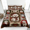 Maltese Christmas quilt blanket displayed on a bed with festive puppies, ornaments, gifts, and evergreen branches