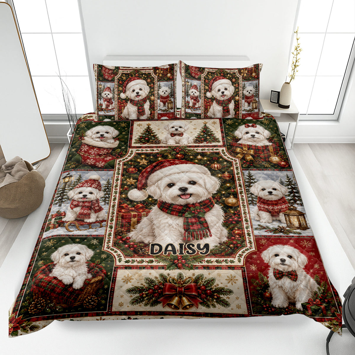 Maltese Christmas quilt blanket displayed on a bed with festive puppies, ornaments, gifts, and evergreen branches