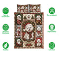 Maltese dog Christmas quilt bedding set shown flat with festive artwork and soft breathable design icons