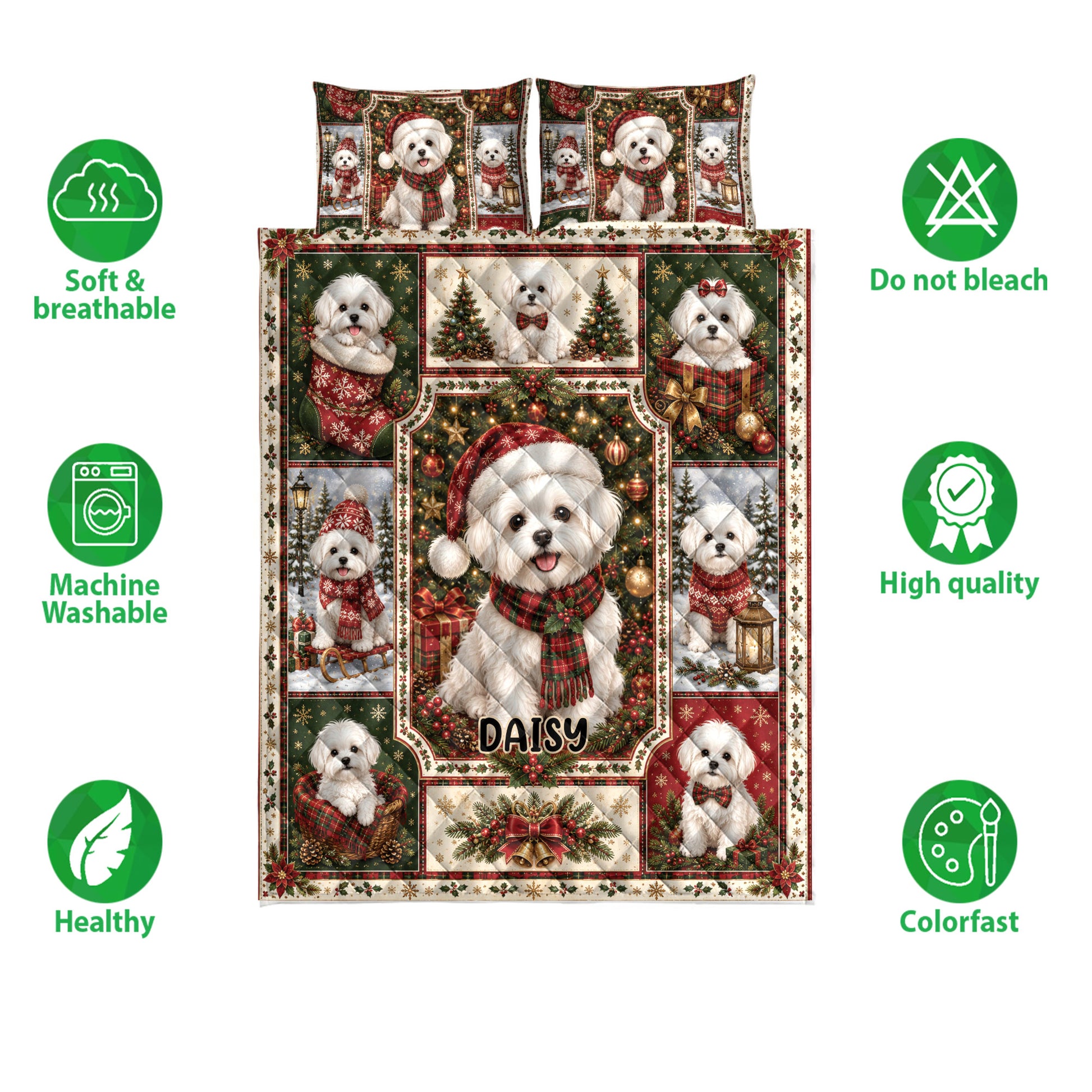 Maltese dog Christmas quilt bedding set shown flat with festive artwork and soft breathable design icons