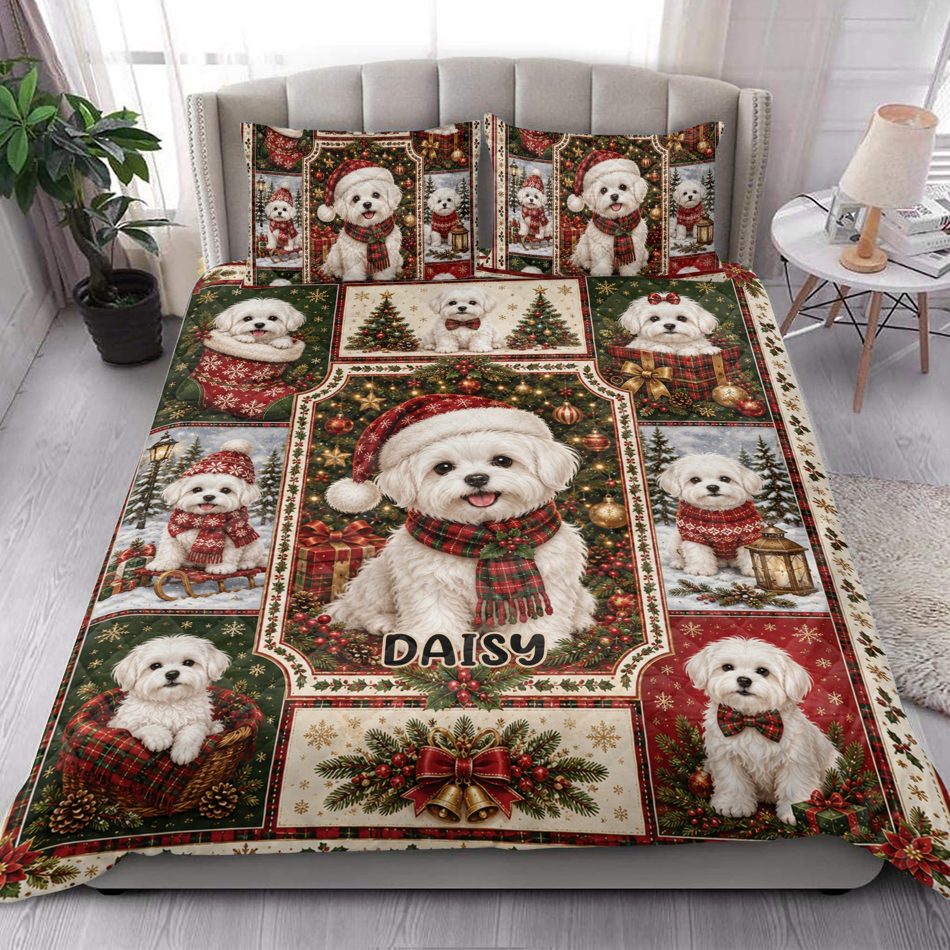Maltese Christmas quilt blanket styled on a bed in a bright bedroom with festive puppy artwork
