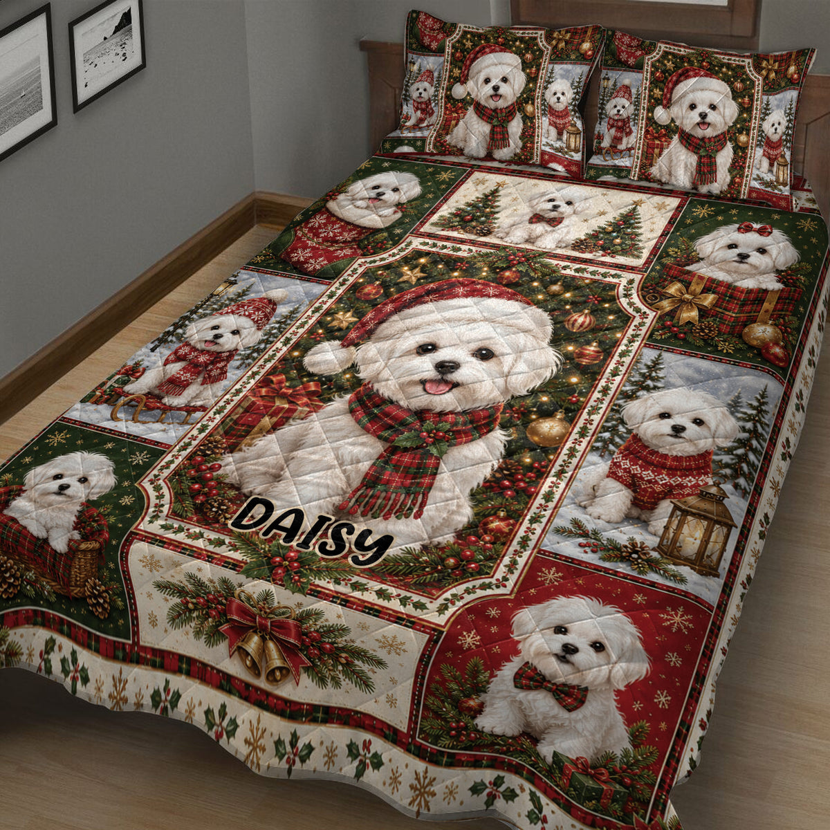 Close view of a Maltese Christmas quilt blanket featuring puppies, scarves, ornaments, gifts, and holiday greenery