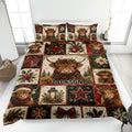 Highland cow Christmas quilt blanket spread across a bed with plaid, poinsettias, holly, gifts, and snowflakes