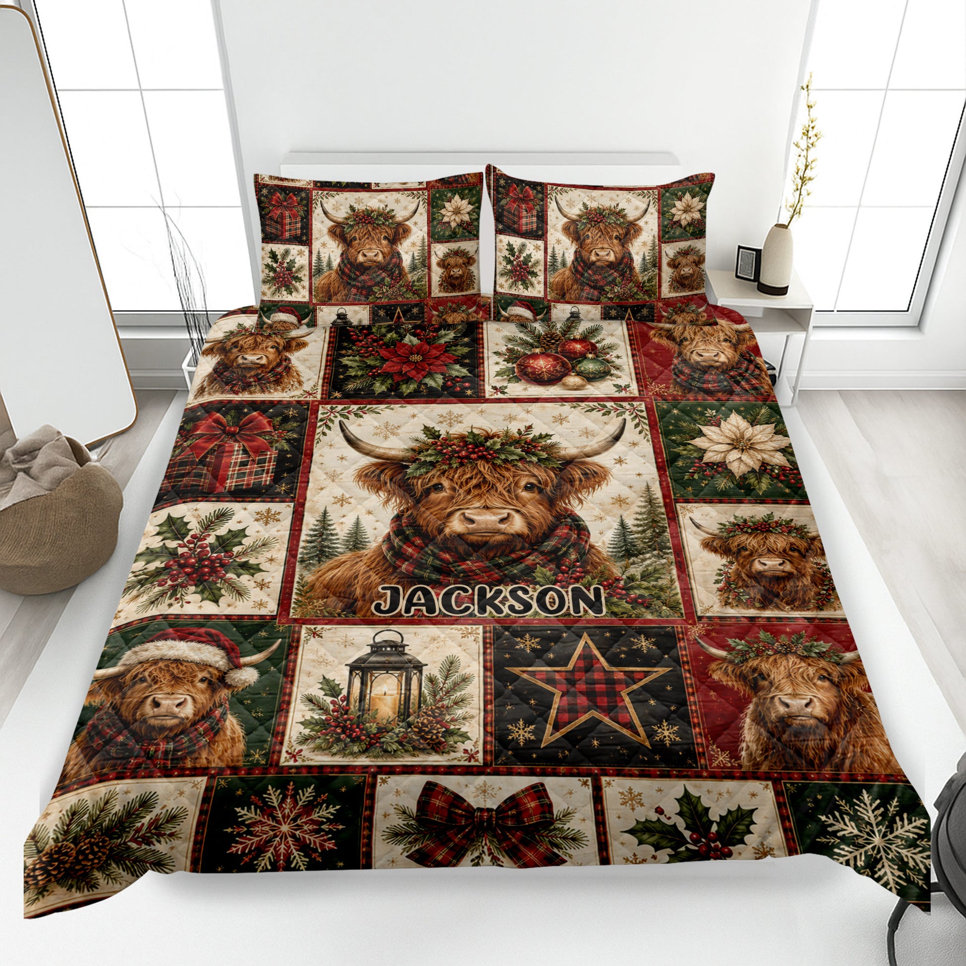 Highland cow Christmas quilt blanket spread across a bed with plaid, poinsettias, holly, gifts, and snowflakes
