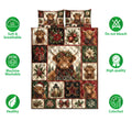 Highland cow Christmas quilt bedding set shown with holiday patchwork artwork and product feature icons
