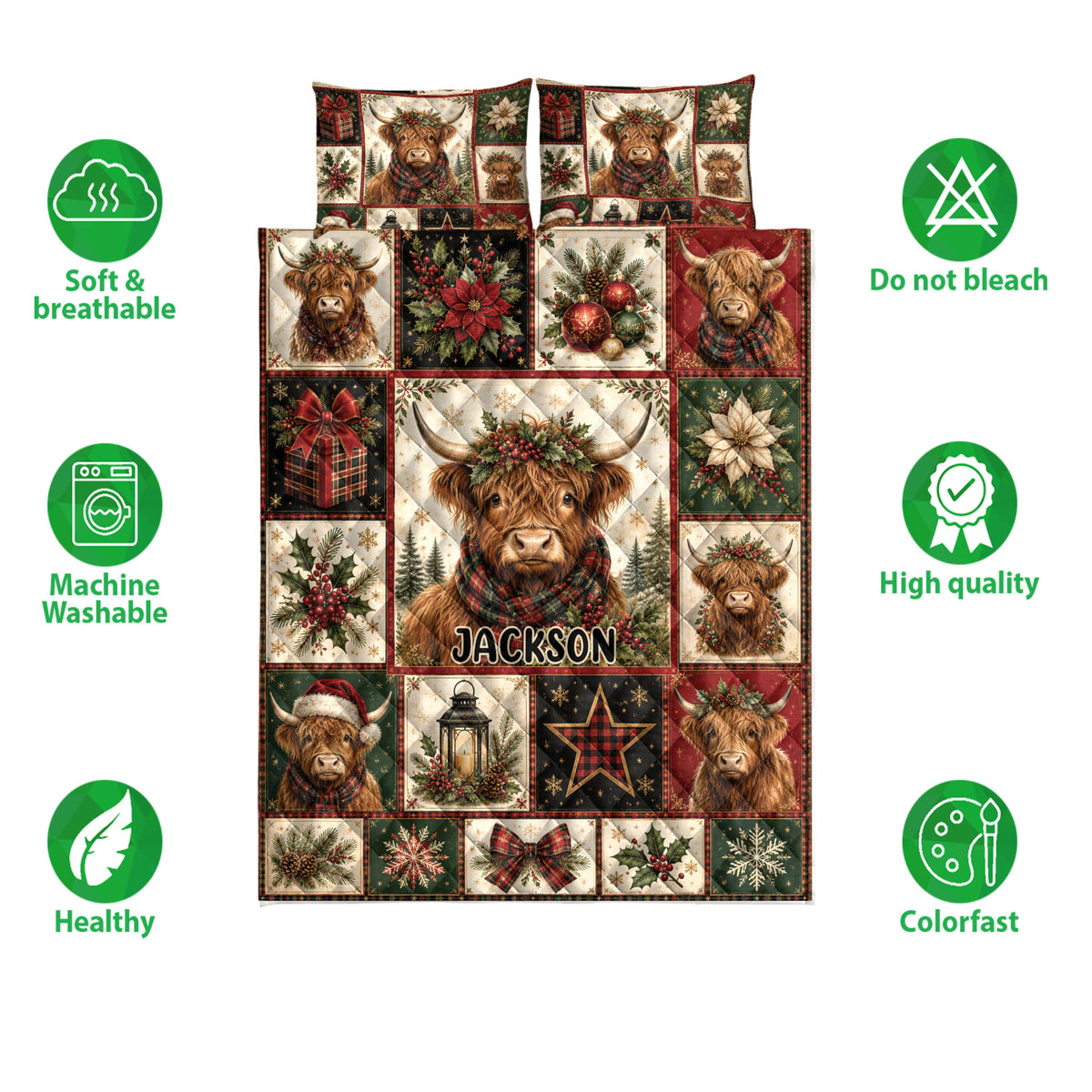 Highland cow Christmas quilt bedding set shown with holiday patchwork artwork and product feature icons