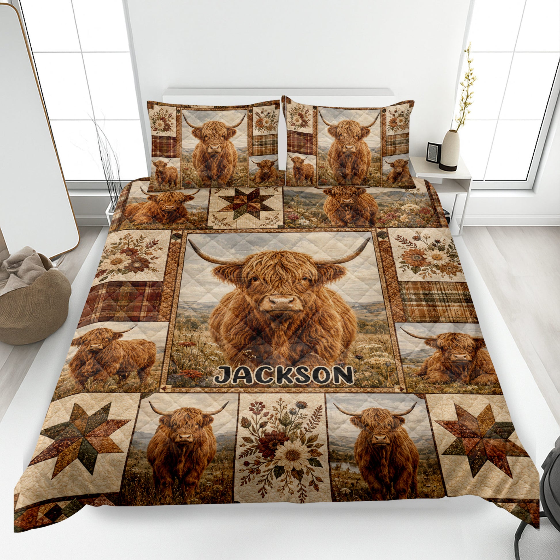 Highland cow quilt blanket displayed on a bed with floral blocks, plaid accents, and rustic star motifs