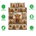 Highland cow quilt bedding set shown with feature icons for softness, washability, quality, and color
