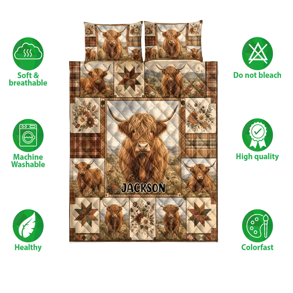 Highland cow quilt bedding set shown with feature icons for softness, washability, quality, and color