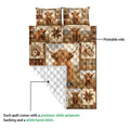 Highland cow quilt blanket showing the printed front and white quilted backing in a construction detail view