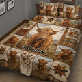 Angled bedroom view of a Highland cattle quilt blanket with rustic plaid, floral, and patchwork artwork