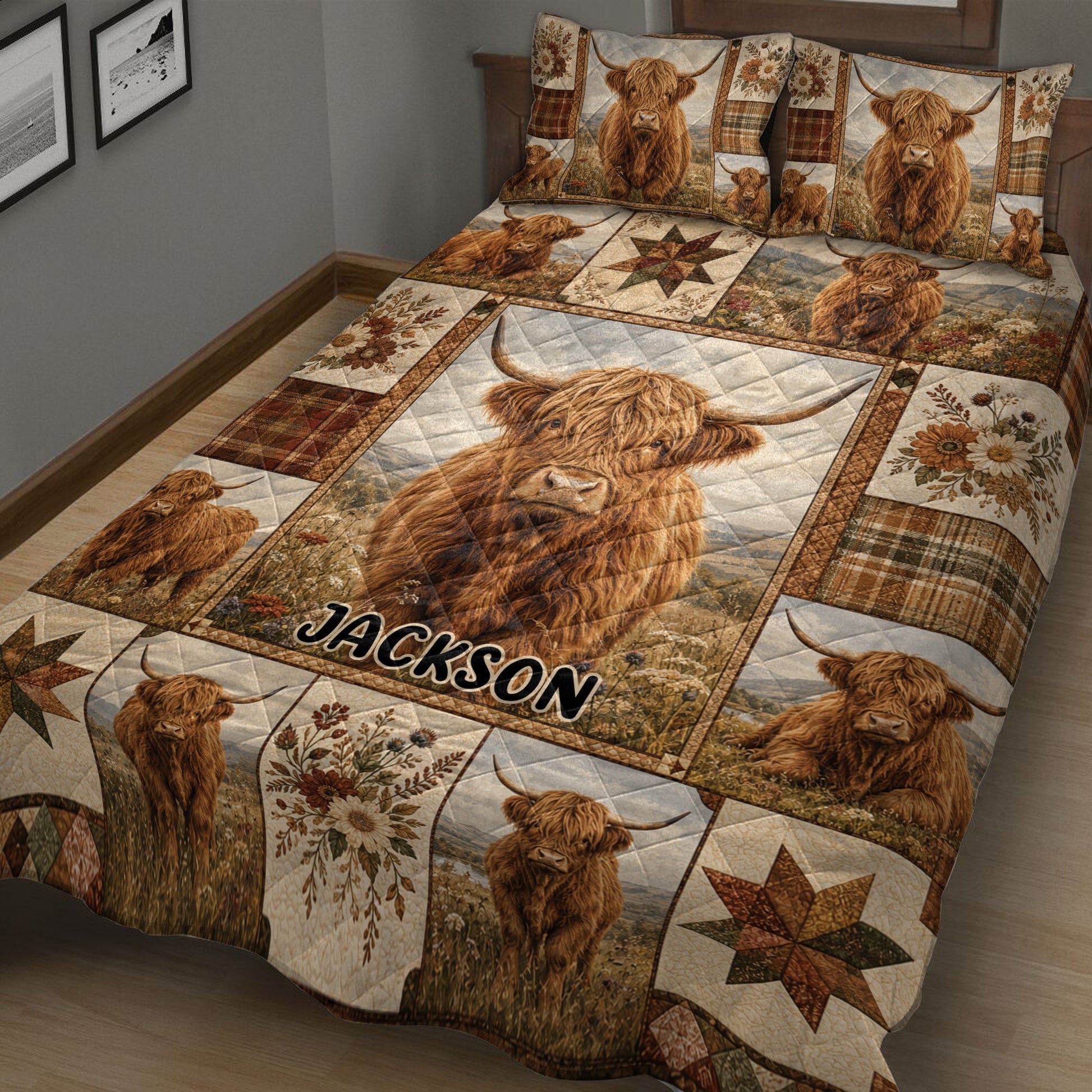 Angled bedroom view of a Highland cattle quilt blanket with rustic plaid, floral, and patchwork artwork
