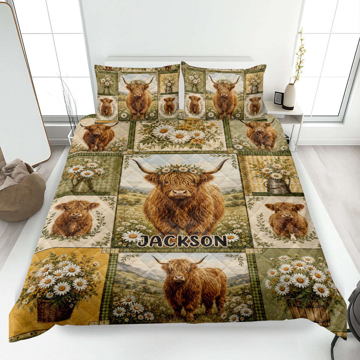 Highland cow quilt blanket spread across a bright bedroom with floral countryside artwork