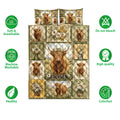 Highland cow quilt bedding set displayed with floral panels and breathable care feature icons