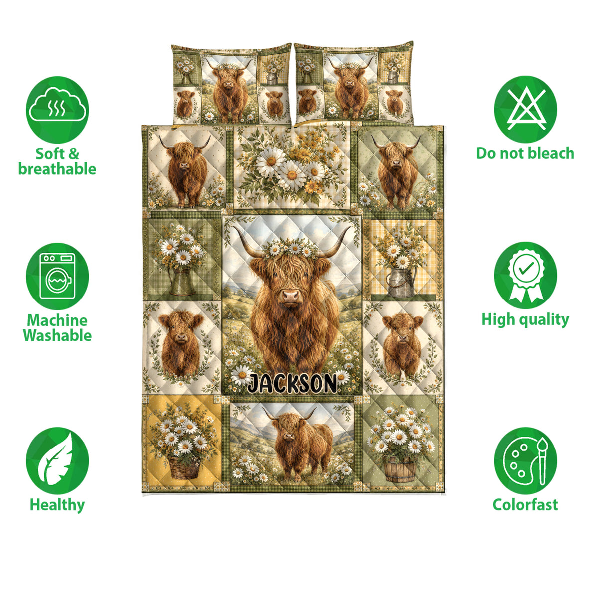 Highland cow quilt bedding set displayed with floral panels and breathable care feature icons