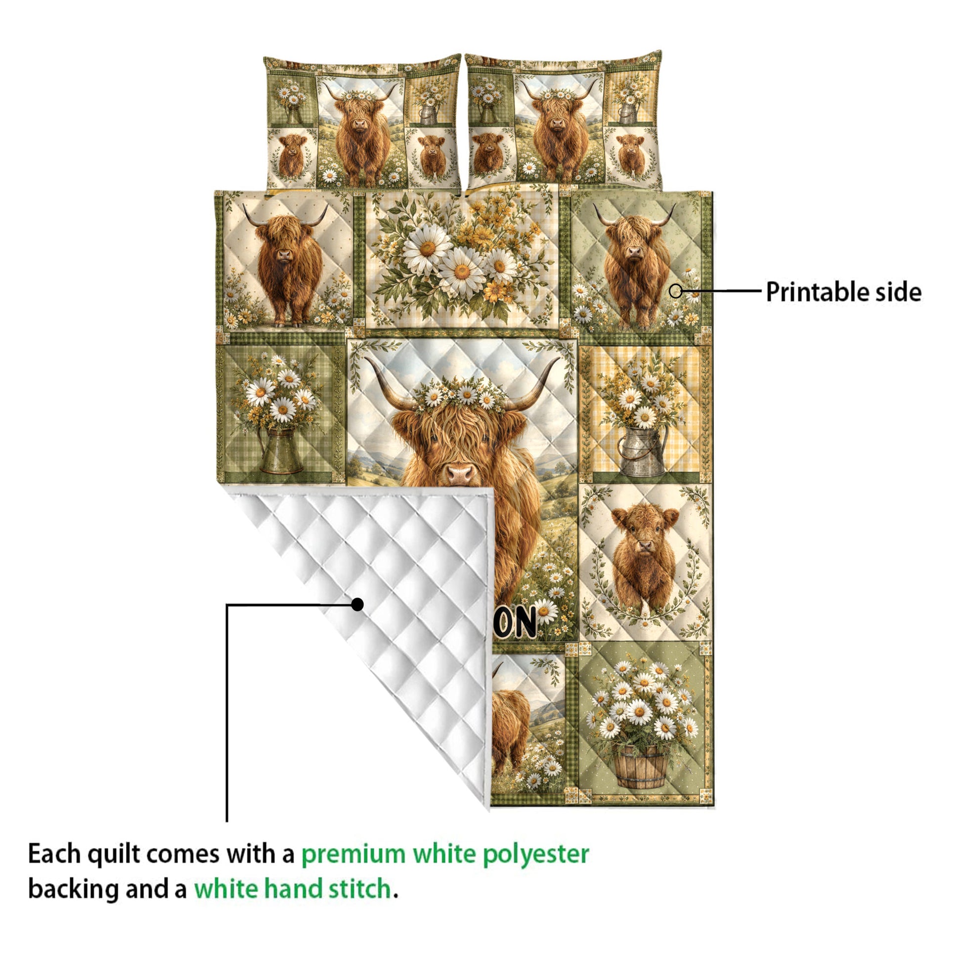 Highland cow quilt showing the printed floral side and white diamond-stitched backing